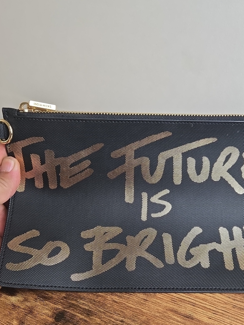 India Hicks Flat Pouch “The Future is so Bright”Metallic Gold Clutch Wristlet - Picture 2 of 9